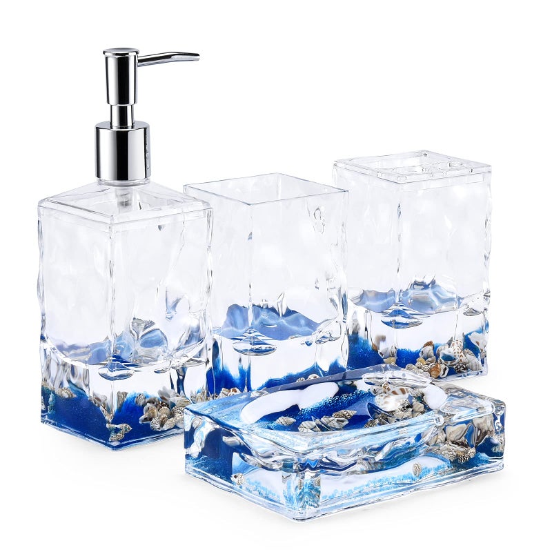 Locco Decor 4 Piece Acrylic Liquid 3D Floating Motion Bathroom Vanity Accessory Set Oceam Theme Shell Toothbrush Holder, Tumbler, Soap Dispenser, Soap Dish - Image 1